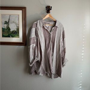 American Eagle Outfitters Oversized Taupe and White Striped Shirt
